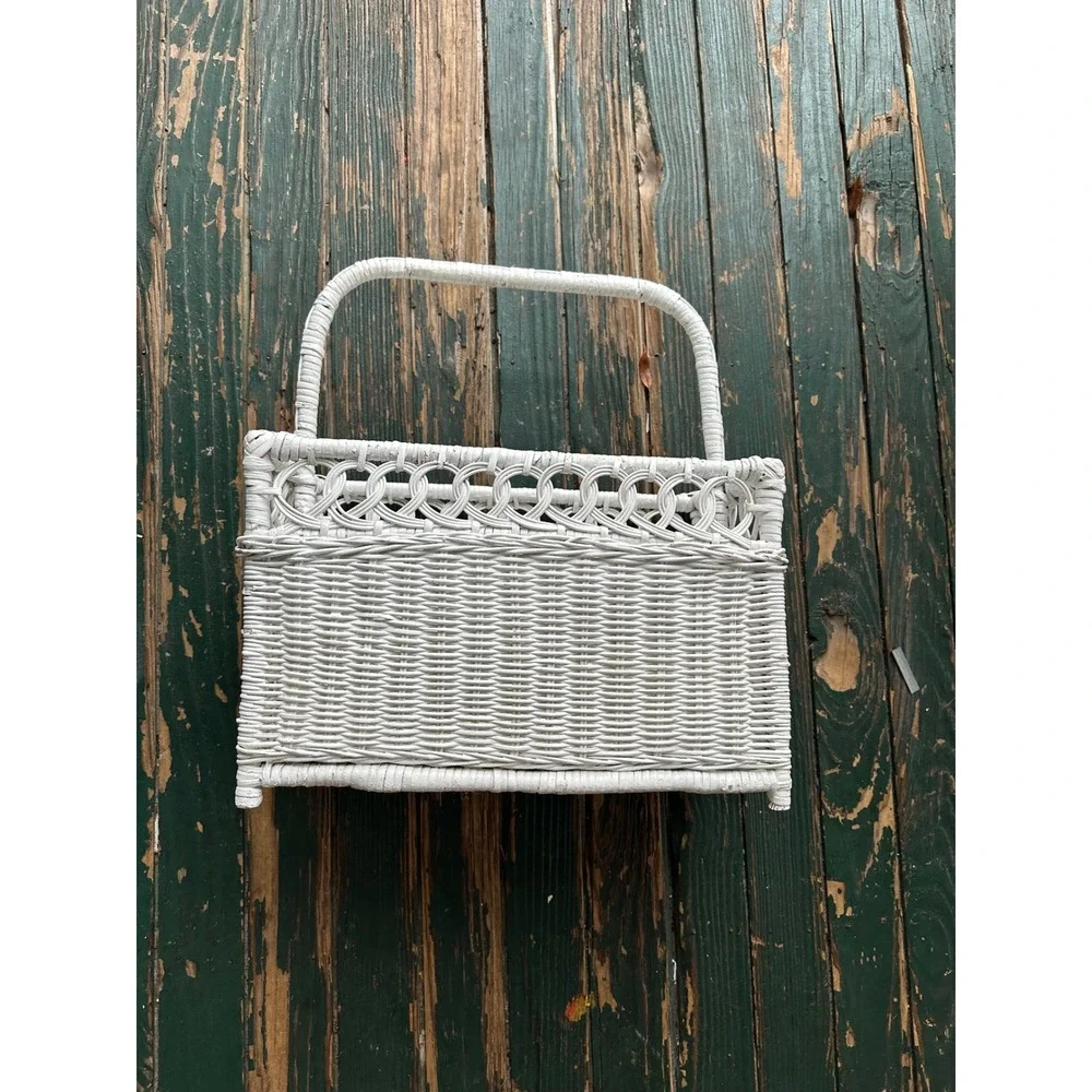 Vintage White Wicker Magazine Rack Basket Storage Handle Cottagecore Coastal